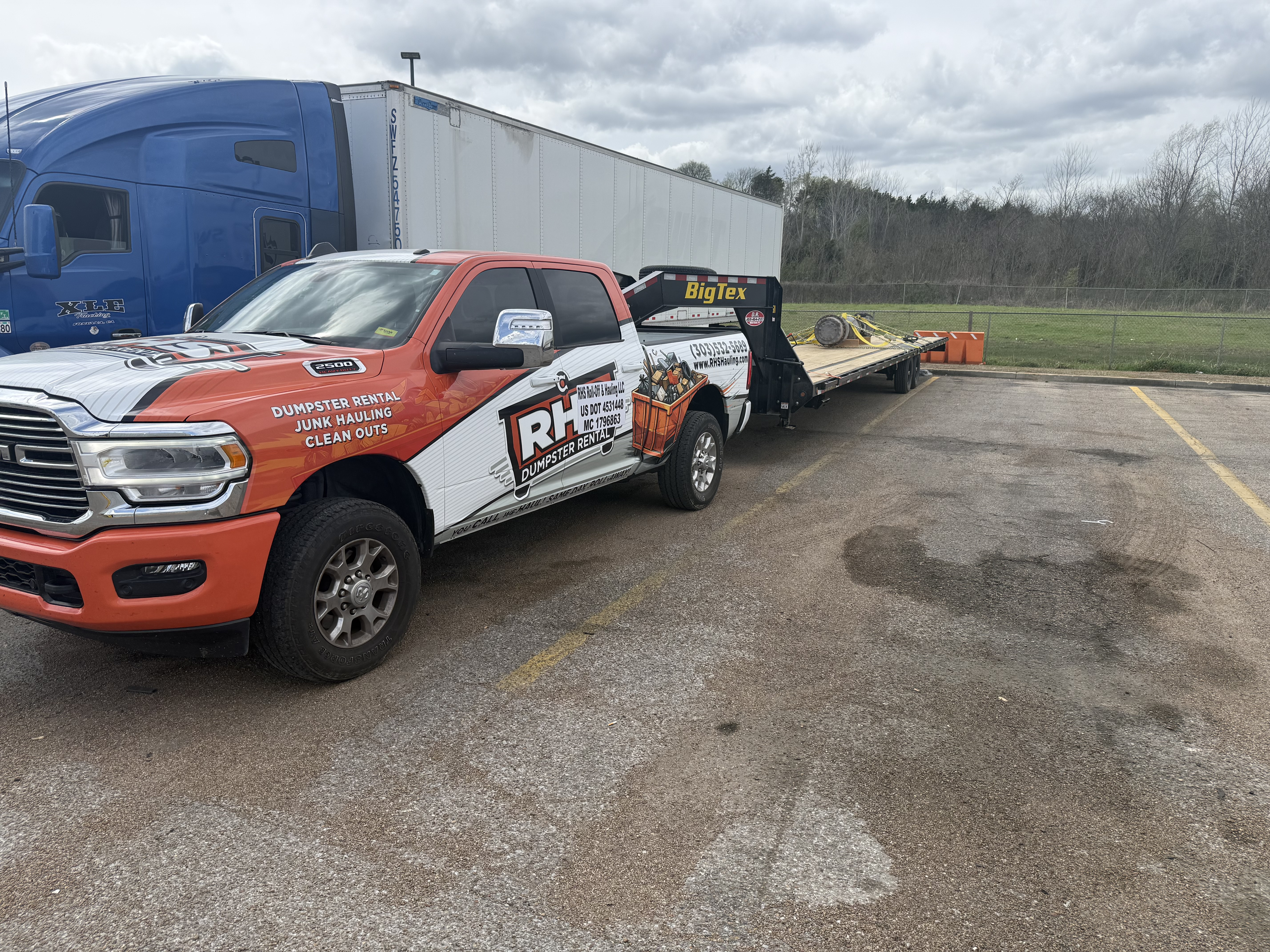 RHS 2024 Ram 2500 Cummins with 40-ft Big Tex gooseneck flatbed at truck stop